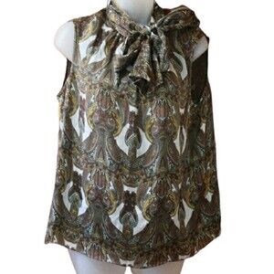 Magaschoni Heritage Paisley Brown Print Sleeveless Pussycat Bow Silk Top 14